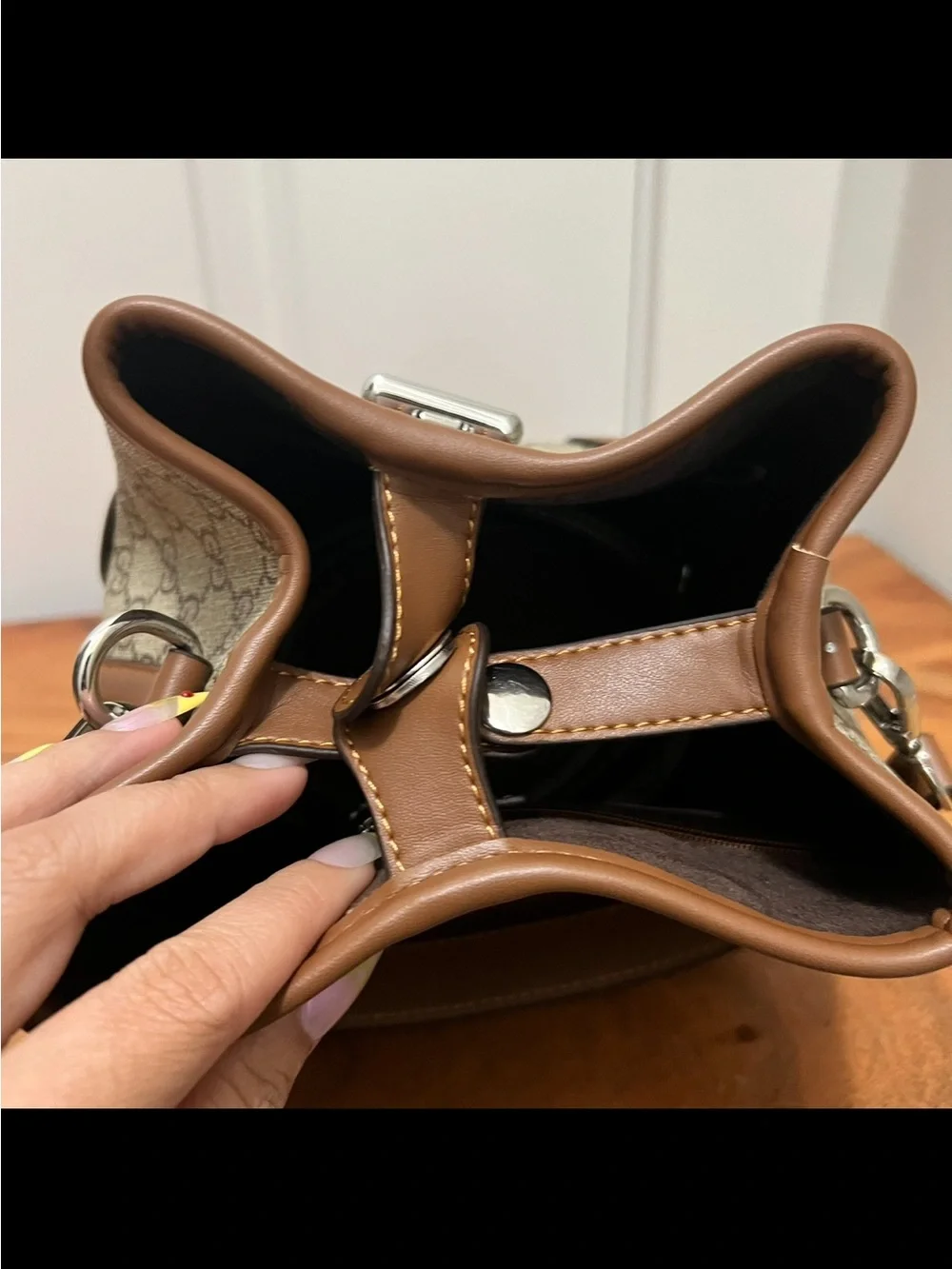 Women's Brown Leather-Trim Crossbody Bucket Bag